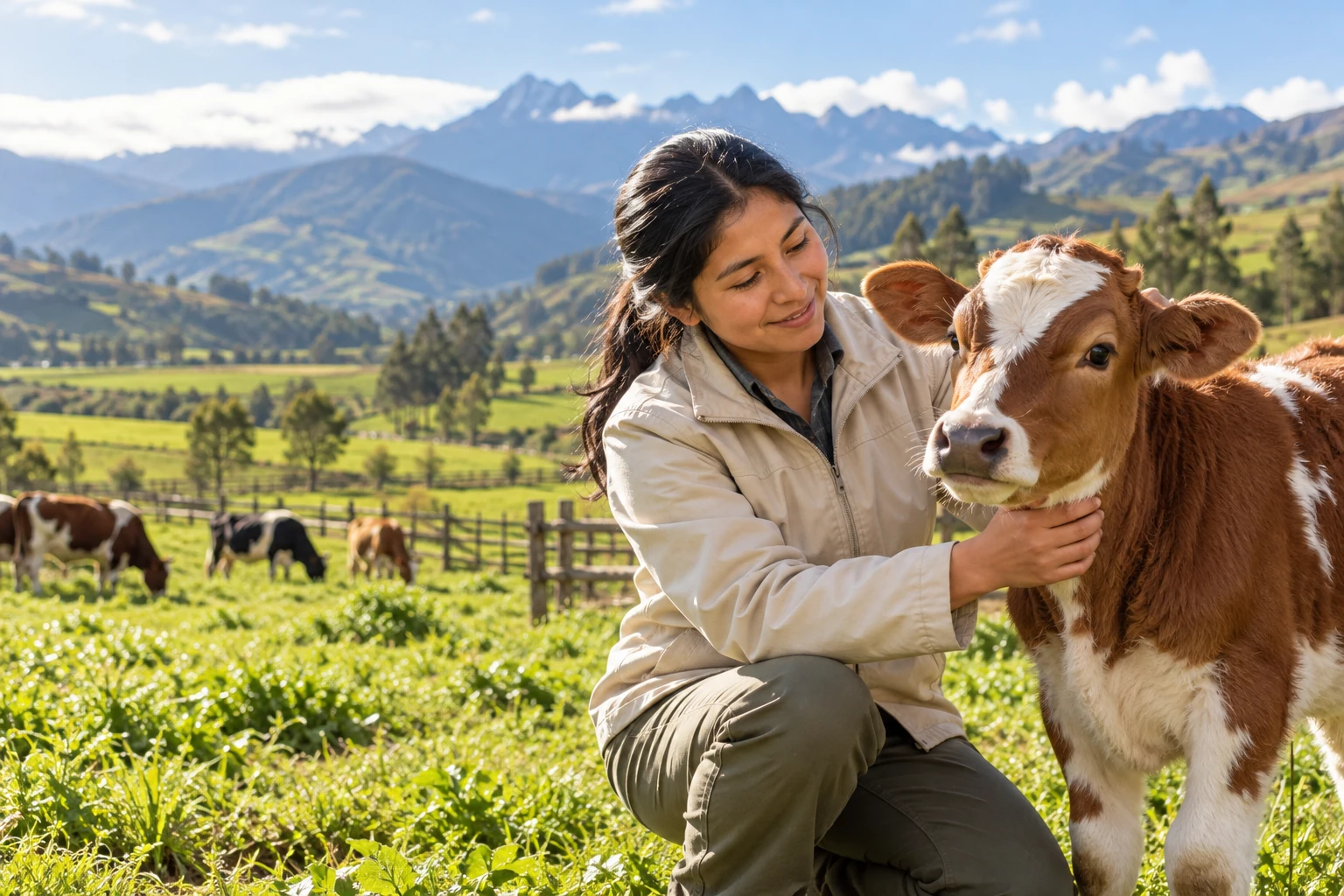 Escena ilustrativa de una veterinaria cuidando a un ternero