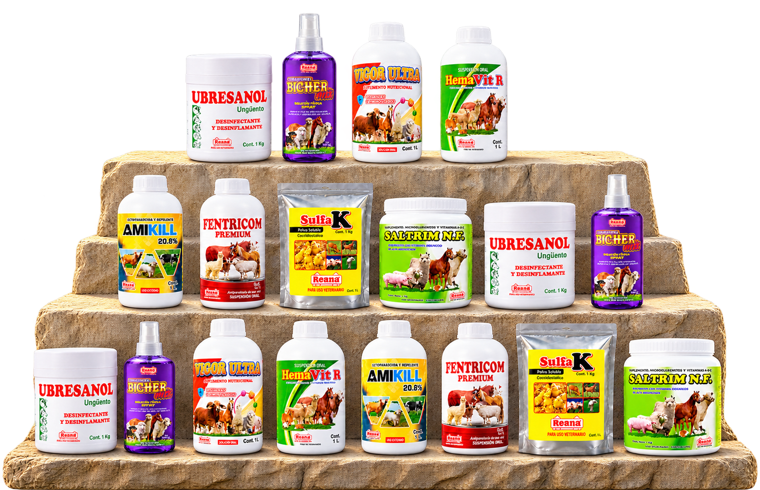 Dieciocho unidades de los ocho productos REANA, distribuidas en tres niveles de un estante de piedra.