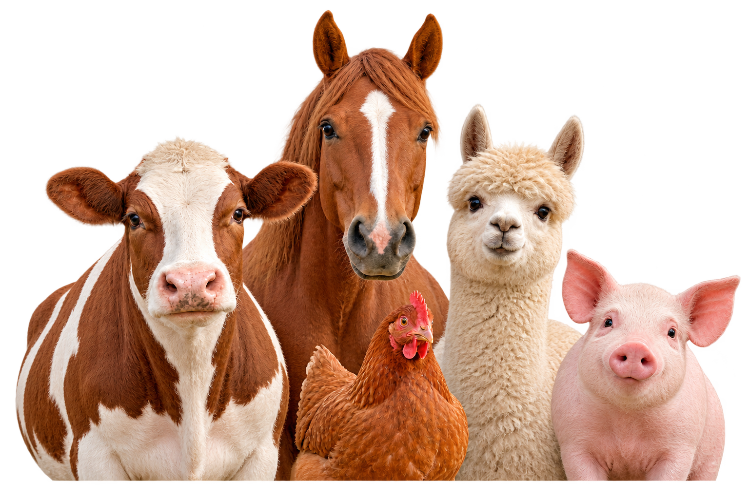 Vaca, caballo, alpaca, gallina y cerdo